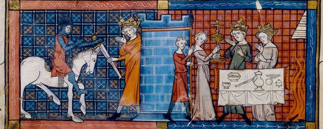 Perceval arrives at the grail castle to be greeted by the fisher king in an illustration for a 1330 manuscript of perceval  the story of the grail %28public domain cco image via wikipedia%29